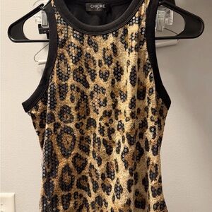 Leopard Print Sequin Tank Top - Black and Tan